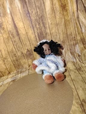 Vintage Plush Black Doll in Light Blue Faux-Fur Coat - Soft Cuddly Toy